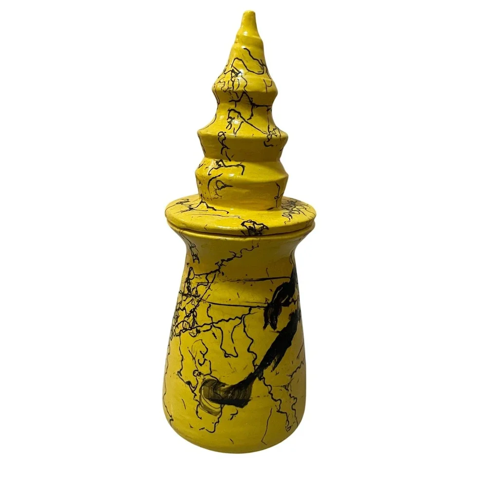 Vintage‎ Yellow Ceramic Jar w/ Lid Incense Apothecary Vase Black Swirl Design